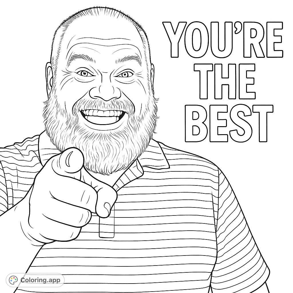 A cheerful man points forward, smiling, with a positive message. A free printable encouragement coloring page for all ages.