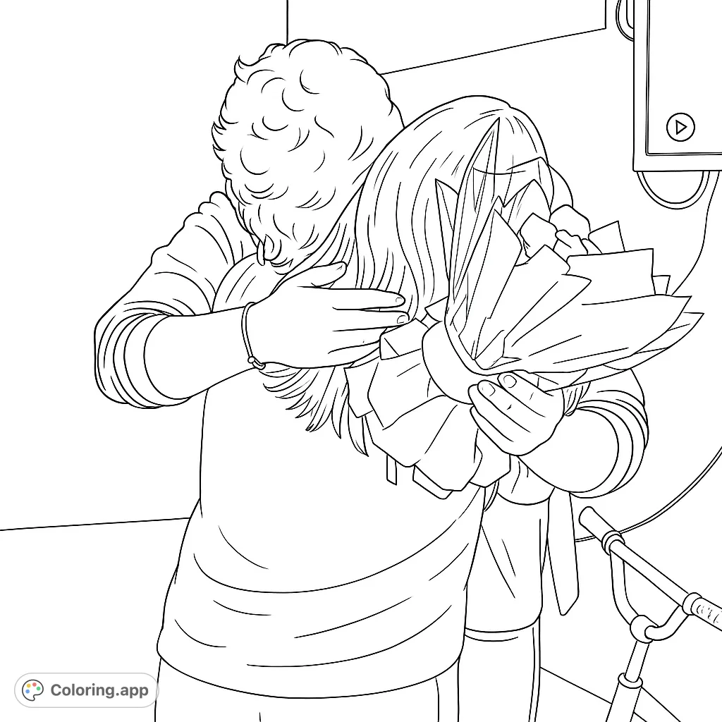 A tender embrace between two figures, one holding a large, beautifully wrapped bouquet of flowers. A heartwarming scene for coloring.