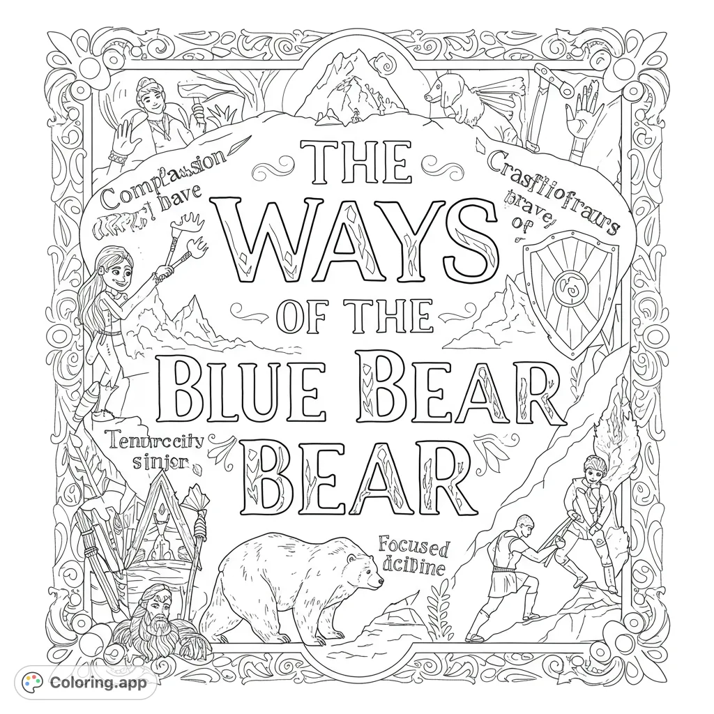 Embark on a fantasy adventure with a majestic bear, brave heroes, and mystical mountains, all framed by an ornate border. Free printable.