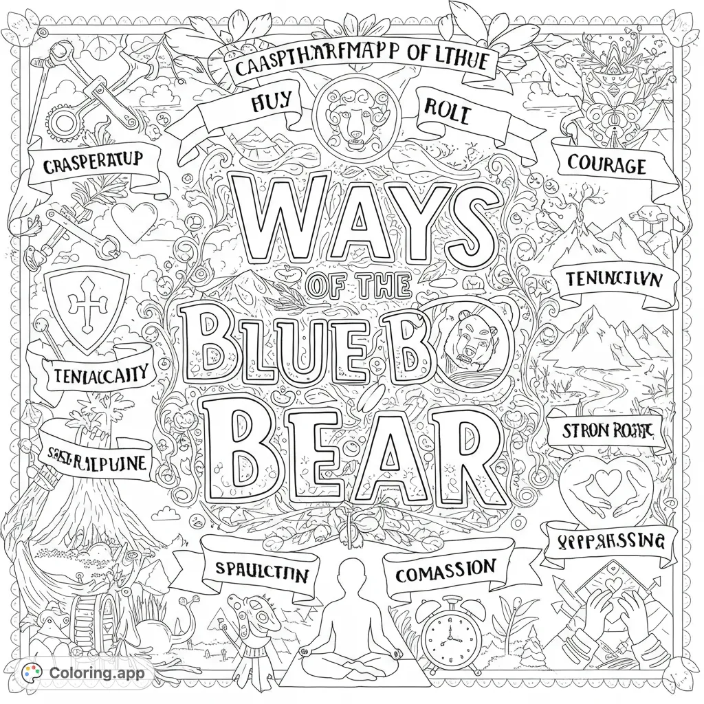 Intricate whimsical design featuring a central bear theme surrounded by symbolic elements and swirling natural patterns. A detailed free printable coloring page.