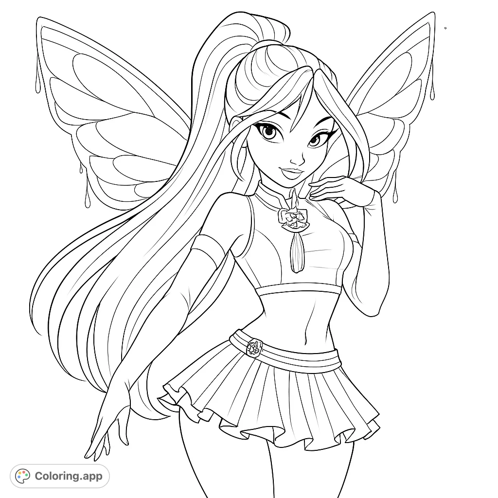 An enchanting fairy coloring page featuring a graceful winged character with long flowing hair and a stylish outfit, perfect for magical adventures.
