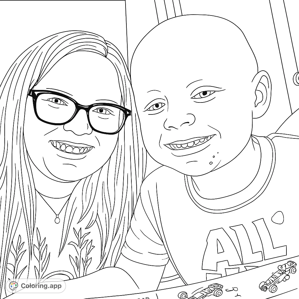 A heartwarming family portrait featuring a smiling woman and child, ready for vibrant colors. Includes fun toy car details.