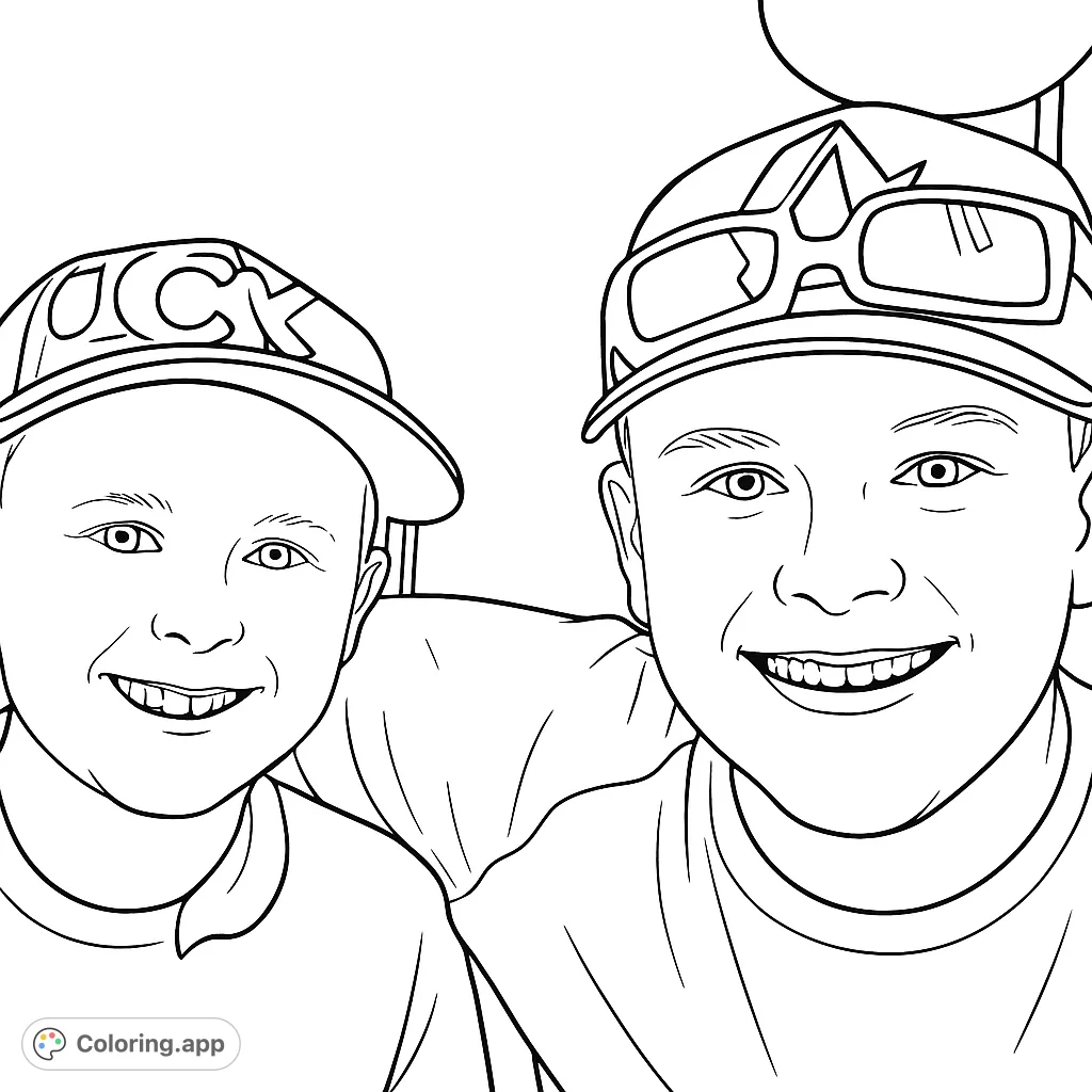 A heartwarming free printable coloring page featuring two smiling boys in baseball caps, perfect for kids and family fun. A joyful moment to color!
