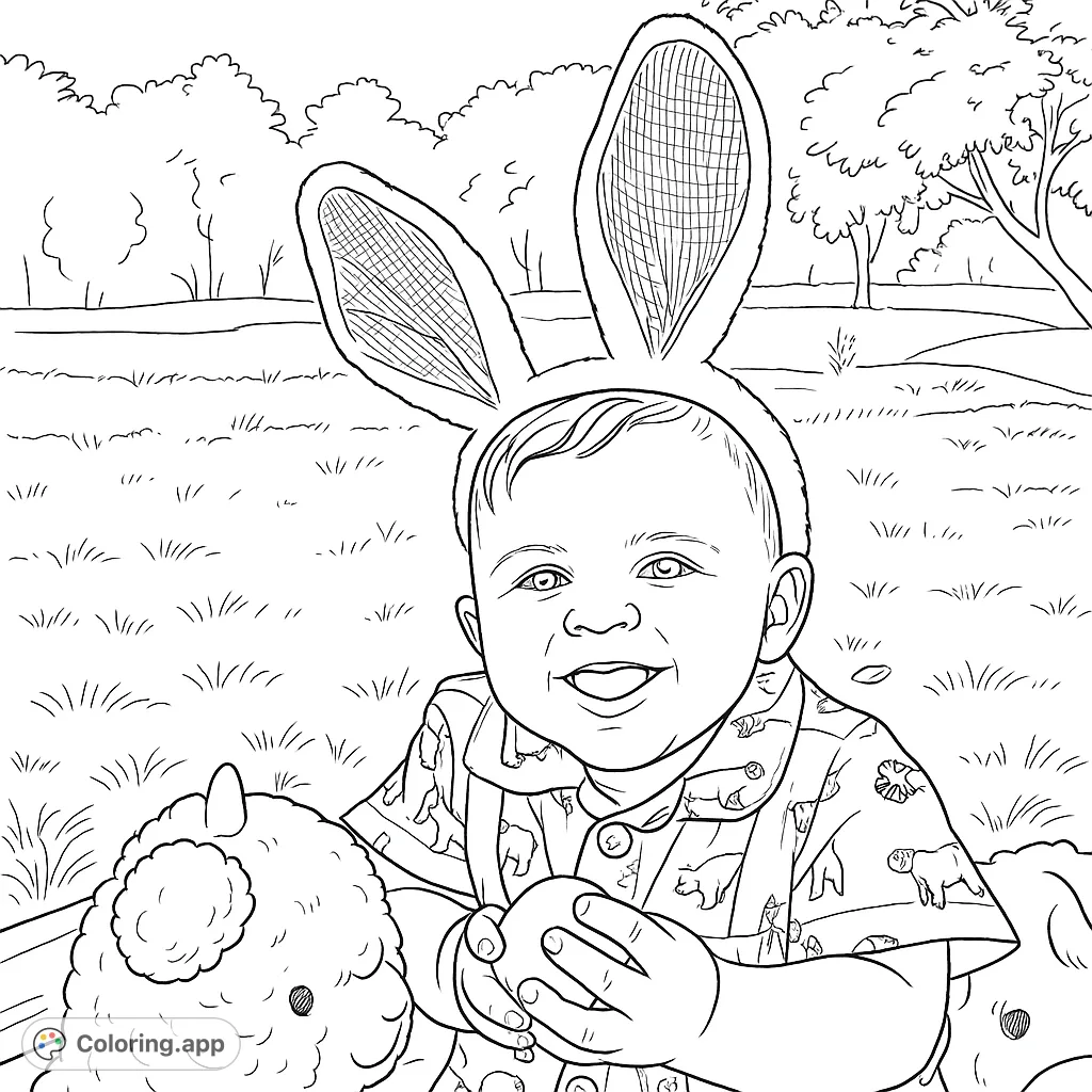 An adorable baby in bunny ears smiles, holding an Easter egg amidst a spring grassy field. A delightful free printable Easter baby coloring page.