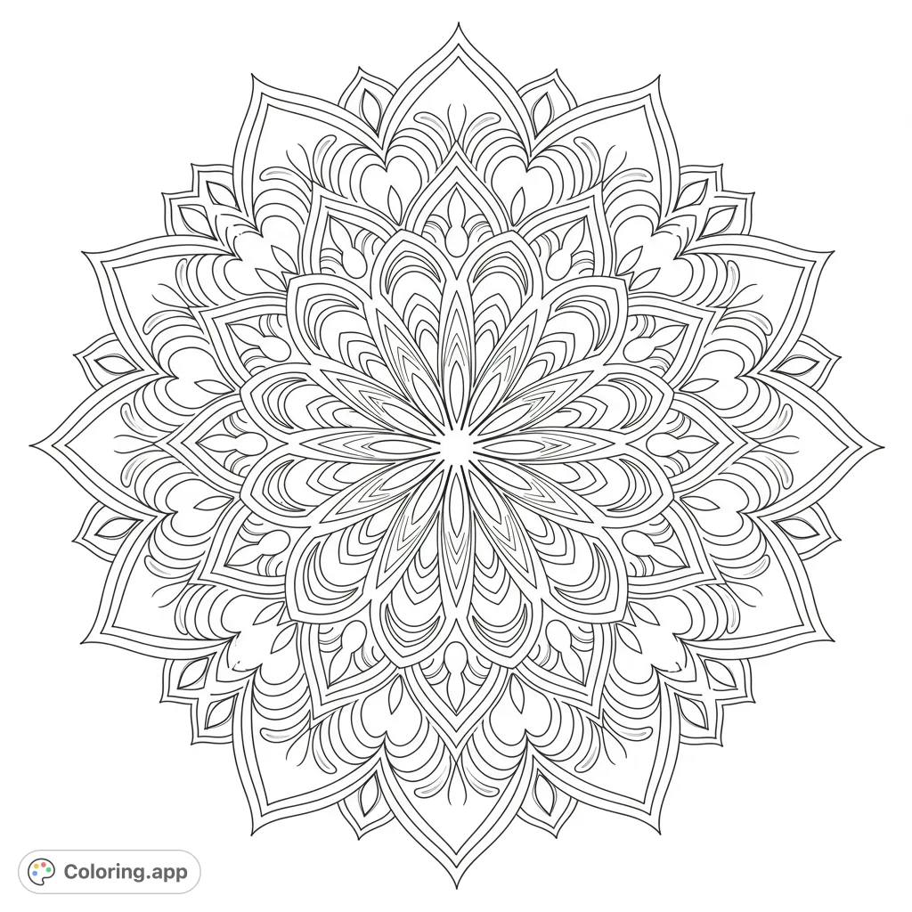 Discover an intricate symmetrical petal mandala coloring page, perfect for relaxation. Free printable design for mindful coloring.