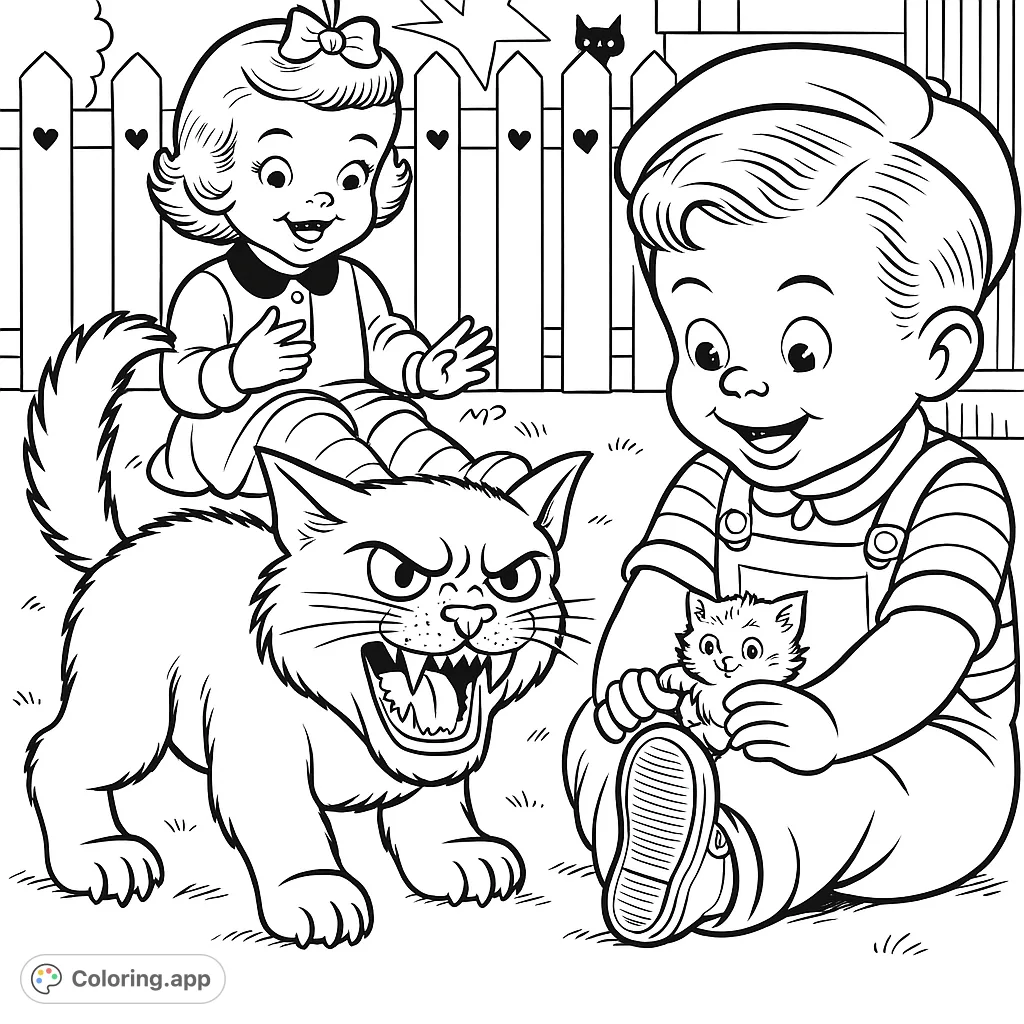 A charming retro scene featuring a girl on a fence, a boy with a kitten, and a grumpy cat. Perfect for kids and adults to color!
