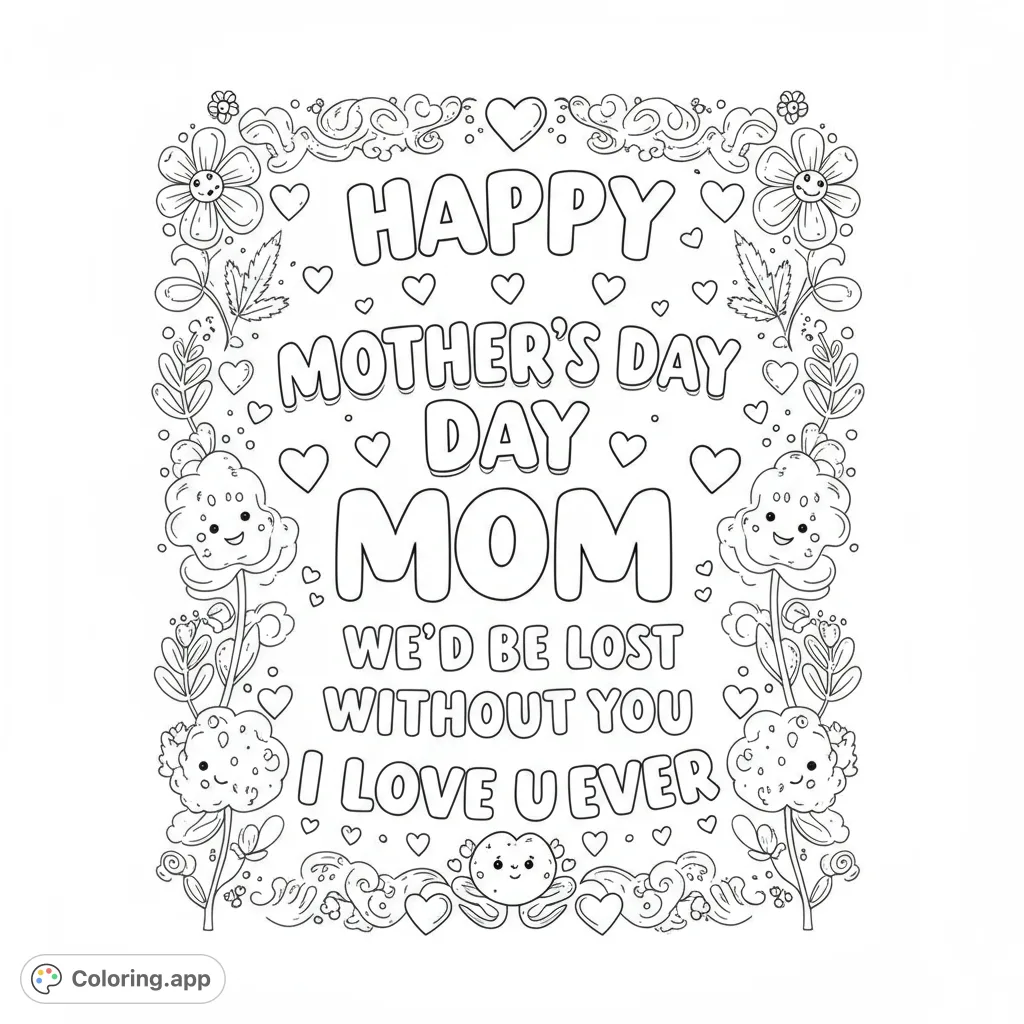 A heartwarming Mother's Day coloring page featuring a central message surrounded by charming flowers, leaves, and hearts, perfect for expressing love.