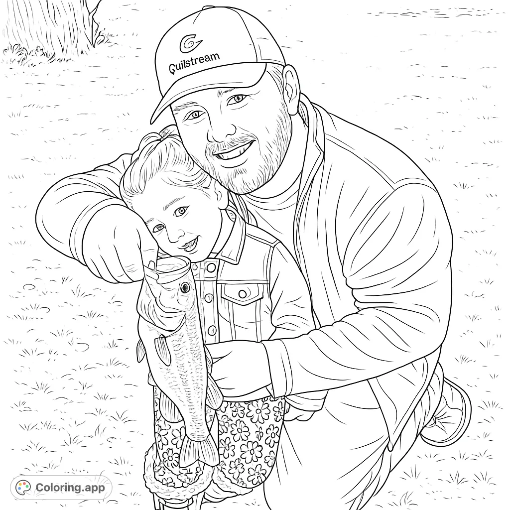 A heartwarming fishing coloring page featuring a father and daughter proudly holding their catch, perfect for family bonding and outdoor enthusiasts.