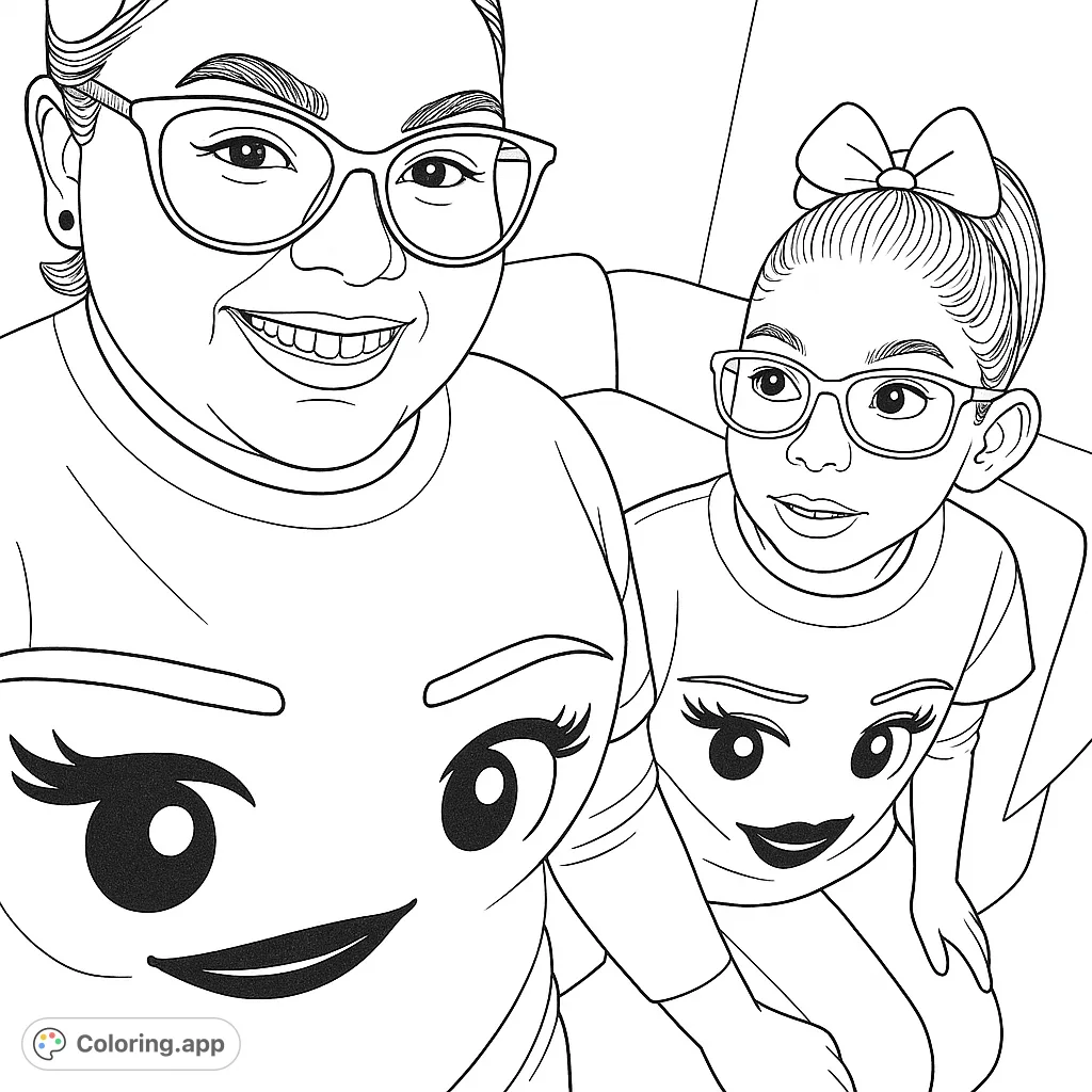 A joyful mother and daughter in glasses, wearing fun face-design shirts, ready for a colorful adventure. A free printable family bonding coloring page.