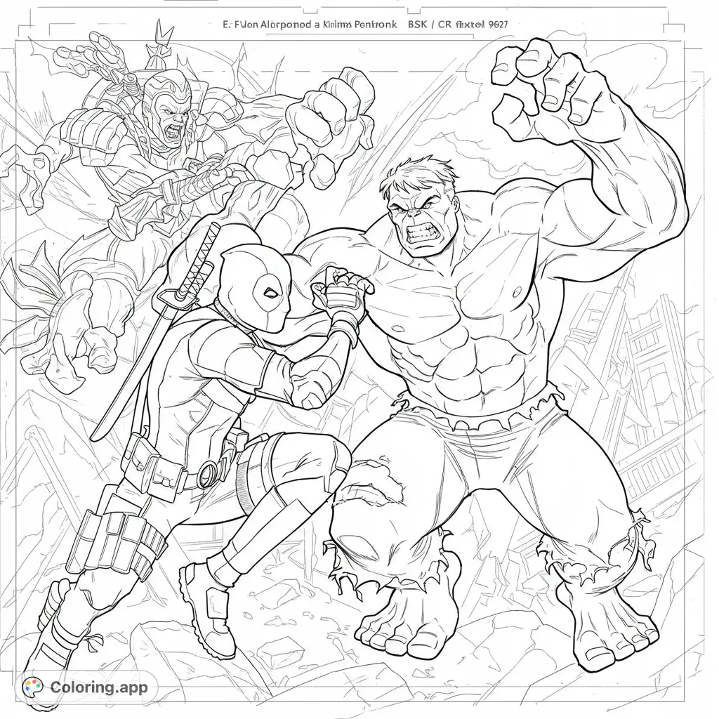 Dynamic superhero battle coloring page featuring iconic characters in an action-packed urban showdown. Unleash your creativity on this free printable design!