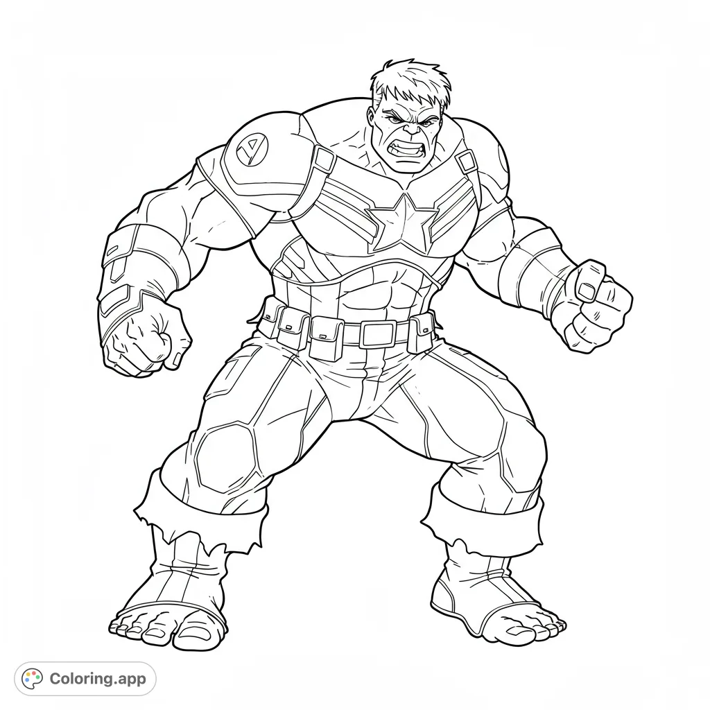 Unleash your creativity with this powerful superhero coloring page! Features a mighty armored hero in a dynamic pose, ready for action. Perfect for fans!