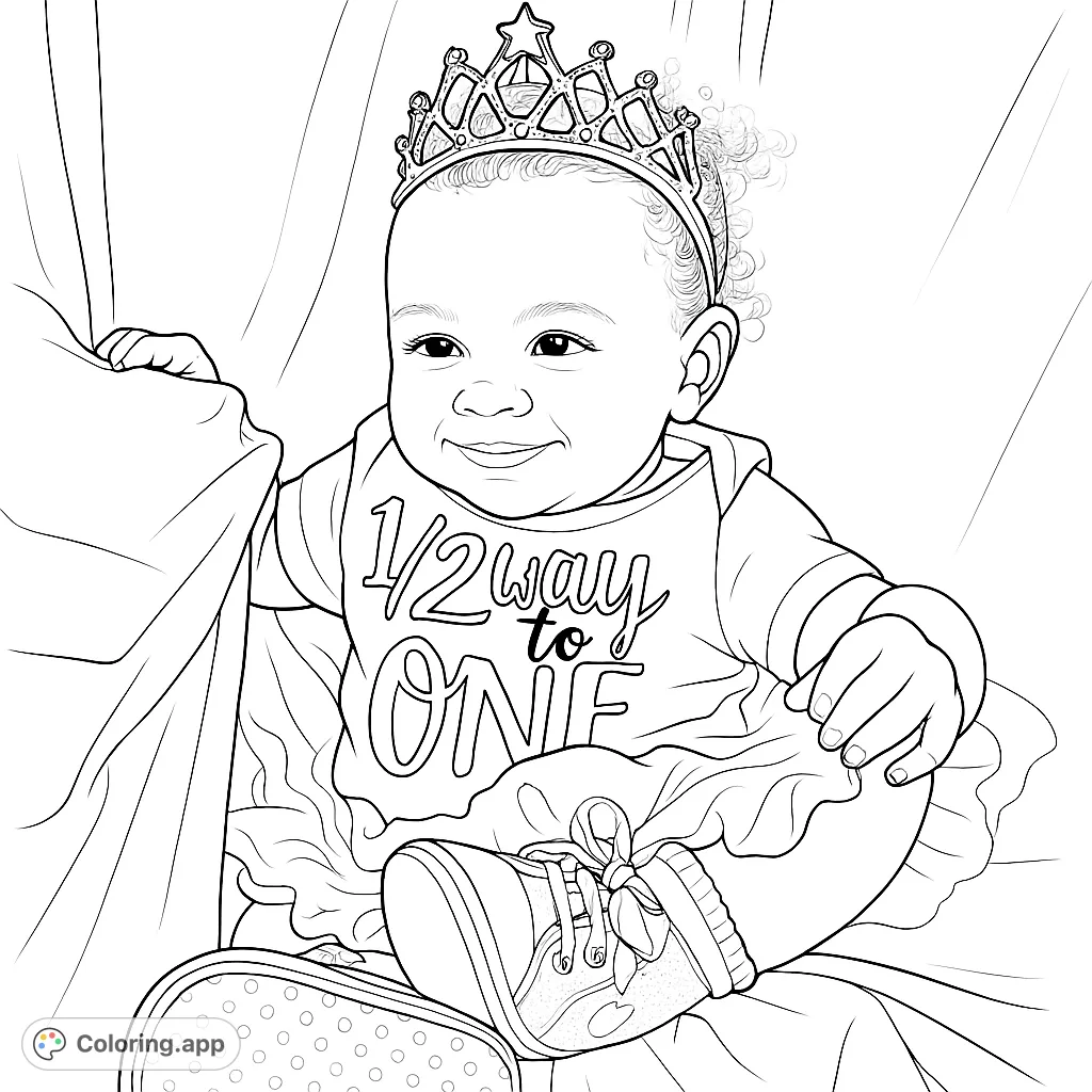 Celebrate a special milestone with this adorable baby princess coloring page, featuring a smiling infant in a crown and a '1/2 way to ONE' outfit.