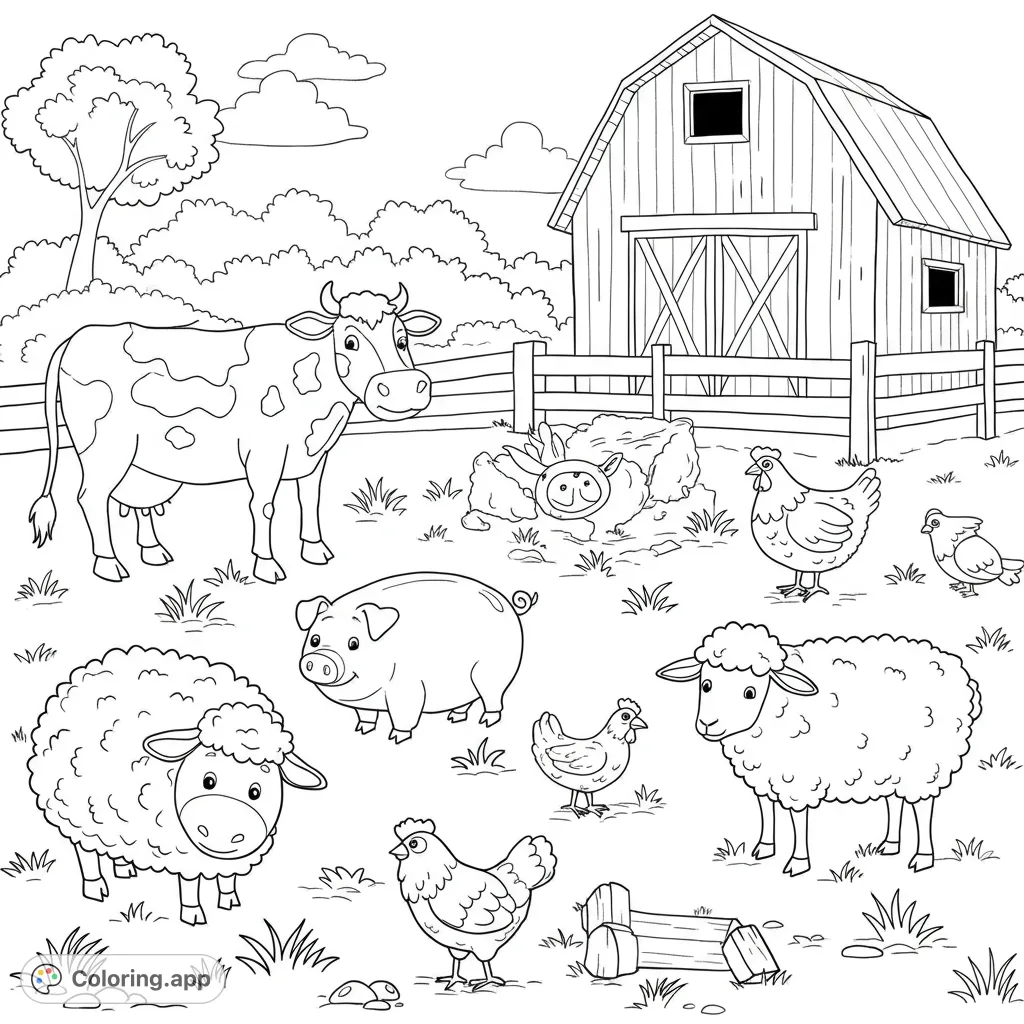 A charming farm scene with happy animals, a classic barn, and lush landscape, perfect for a delightful free printable farm coloring page experience.