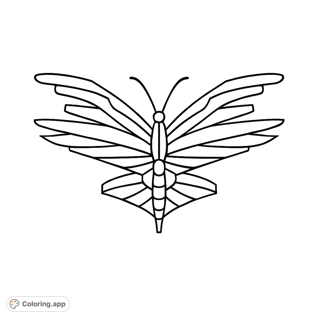 A beautiful geometric butterfly coloring page, perfect for all ages. Features intricate segmented wings for a stained-glass effect. Free printable coloring page.