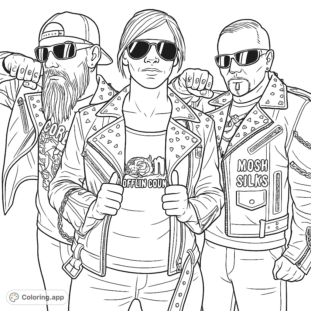 Unleash your inner rebel with this punk rock coloring page featuring three cool characters in studded leather jackets and sunglasses. Perfect for edgy art!