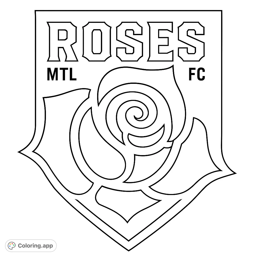 A striking sports emblem coloring page featuring a stylized rose within a shield, perfect for fans to personalize with team colors and show their spirit.