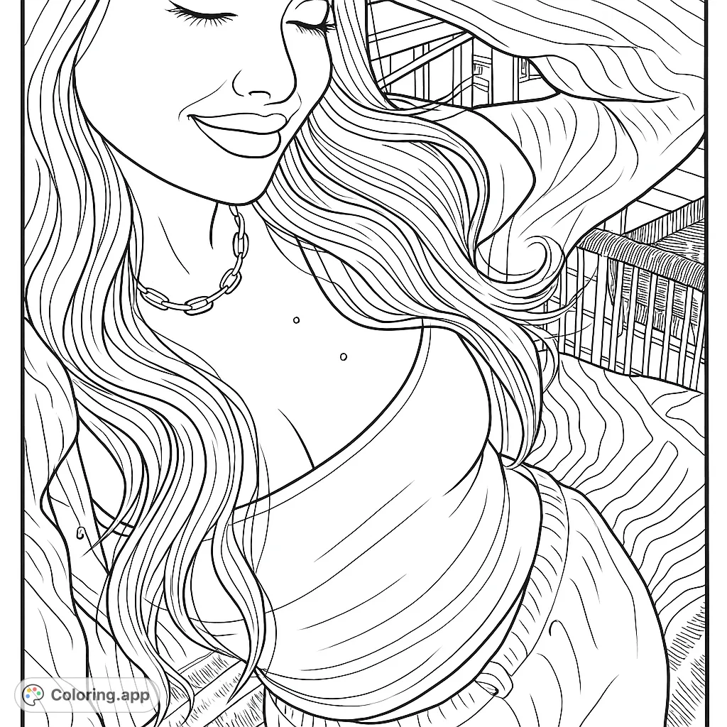 A beautiful woman with long, flowing hair and a gentle smile, perfect for a relaxing coloring experience. Features intricate hair details and a stylish necklace.