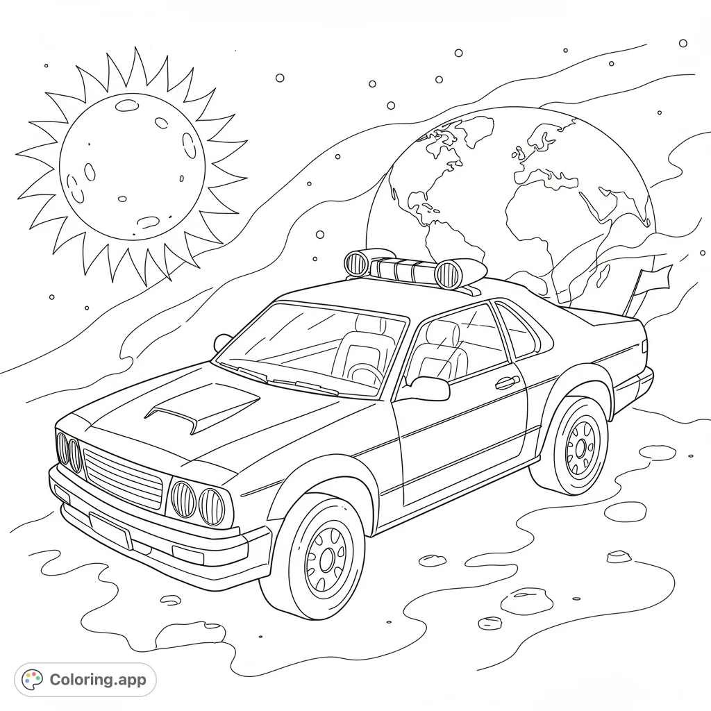 An exciting futuristic police car coloring page, featuring a sleek vehicle against a cosmic backdrop with Earth and a stylized sun. Perfect for vehicle and space enthusiasts!