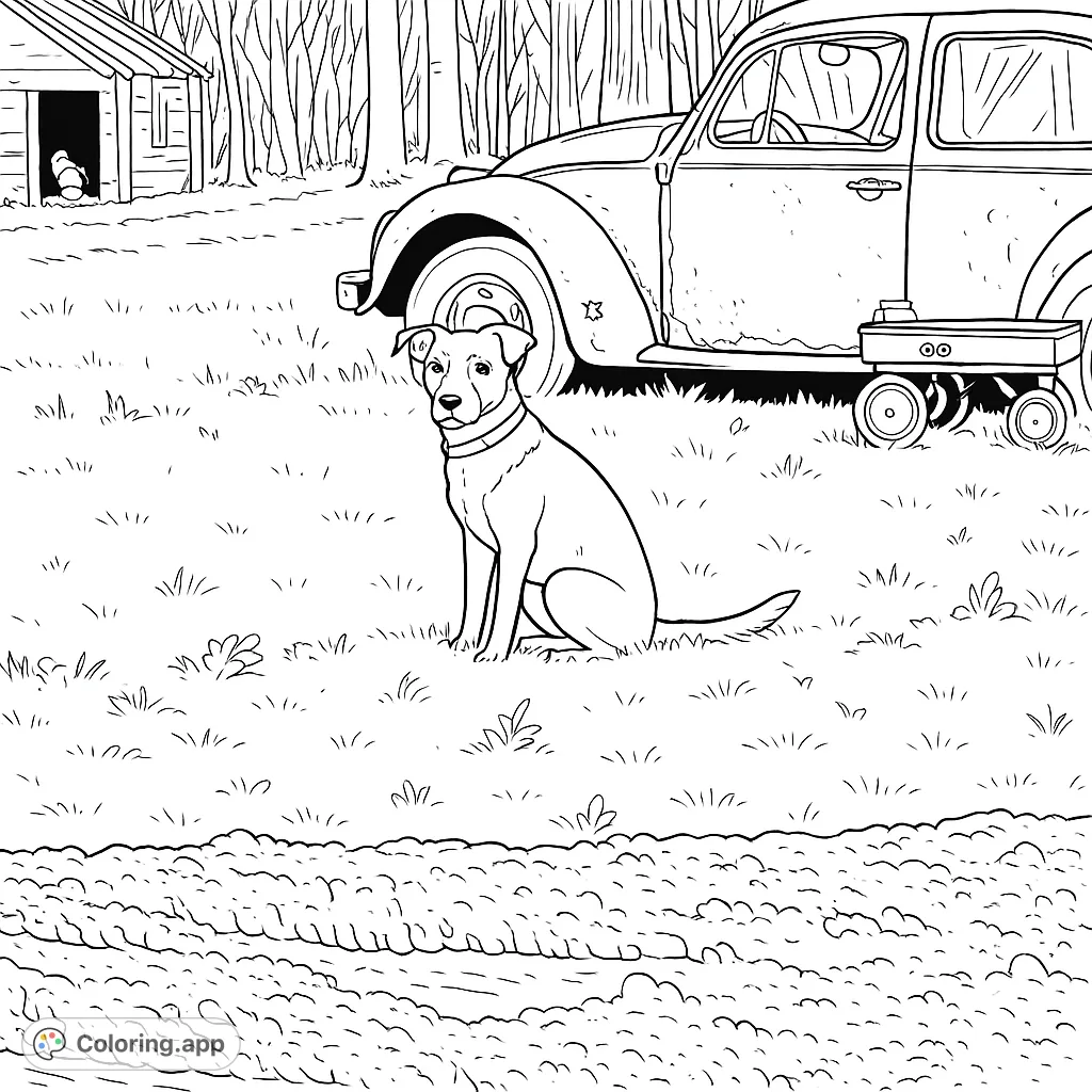 A charming rustic yard scene featuring a loyal dog, an old car, and a shed. Perfect for a relaxing coloring experience.