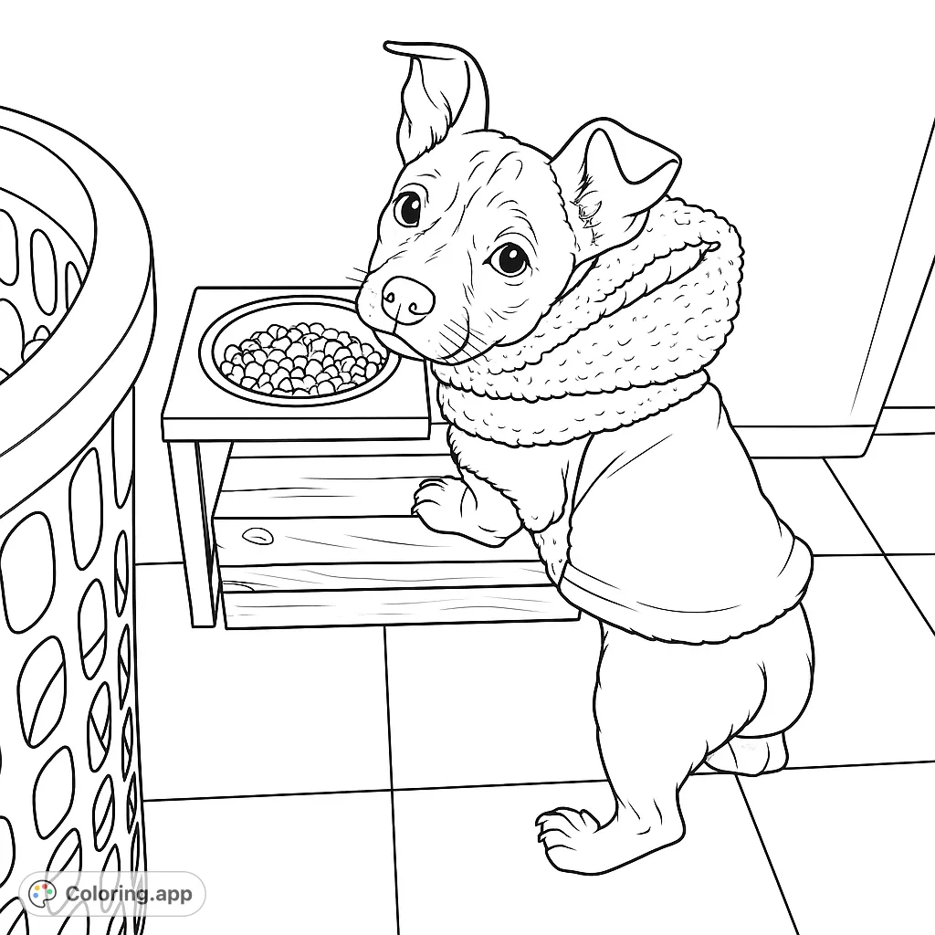 An adorable puppy in a cozy sweater stands on hind legs, eagerly awaiting its meal from a bowl on a stand. A charming, free printable dog coloring page.