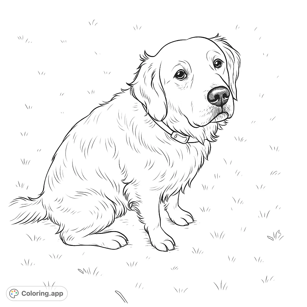 A charming Golden Retriever sits patiently, looking up with gentle eyes. This free printable Golden Retriever coloring page is perfect for all ages.