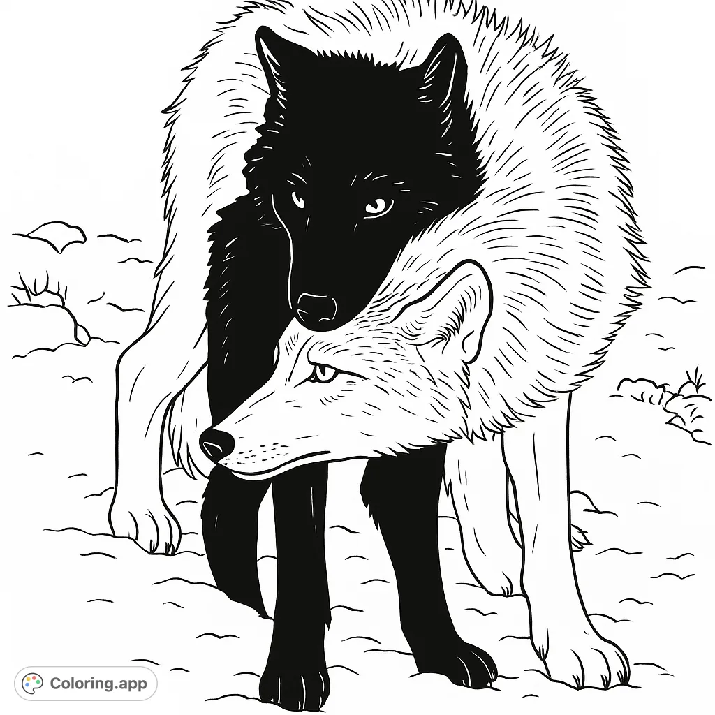 A striking yin-yang wolf coloring page featuring two intertwined wolves, one black and one white, symbolizing balance and harmony. Free printable coloring page.