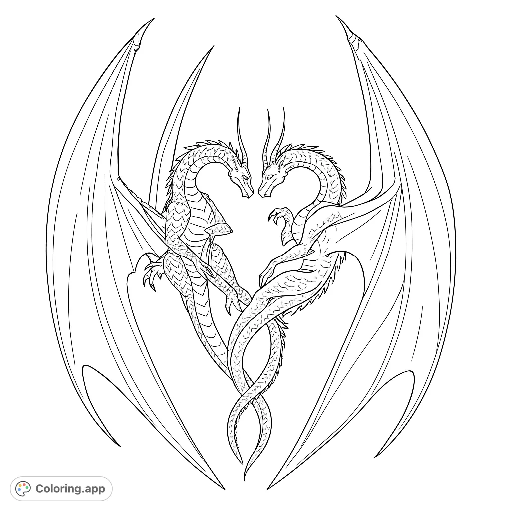 A majestic dragon love coloring page featuring two dragons forming a heart, perfect for fantasy enthusiasts and romantic souls.