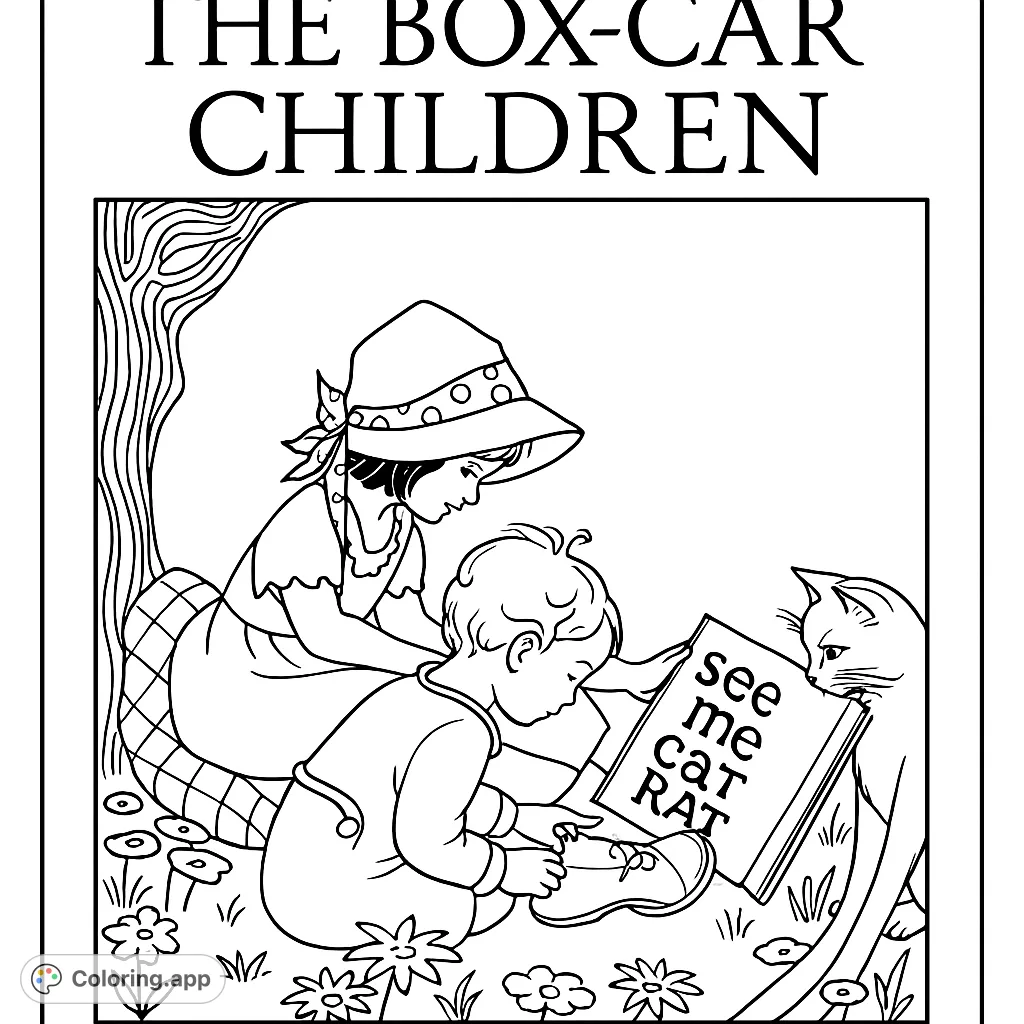 Charming outdoor scene with two children and a cat engrossed in a book under a tree, perfect for a relaxing coloring experience.