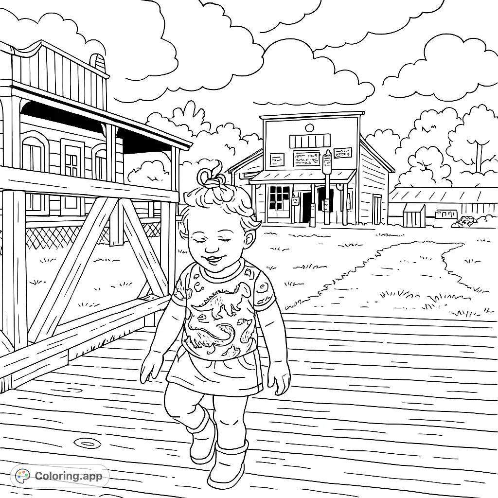 A joyful child with dinosaur shirt walks on a wooden boardwalk in a charming town scene. Perfect for a free printable coloring page for kids and adults.