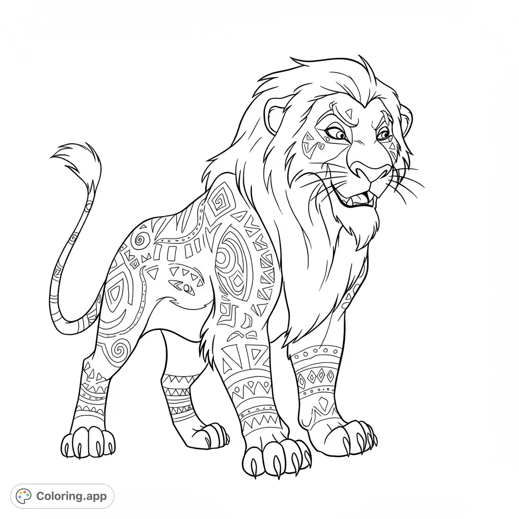 A majestic tribal lion coloring page featuring intricate patterns, perfect for unleashing creativity and exploring vibrant color combinations.