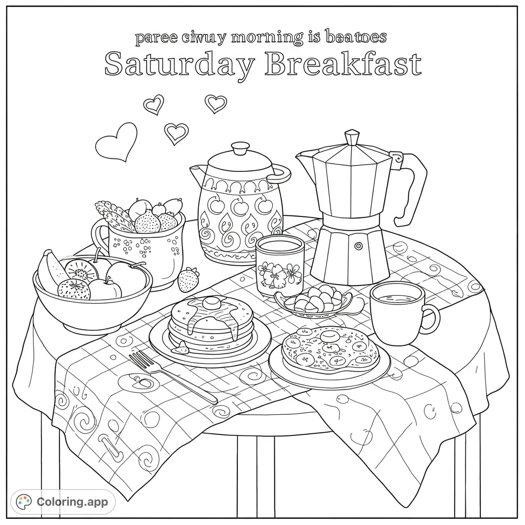 A delightful breakfast scene with pancakes, fruit, coffee, and a patterned tablecloth, perfect for a relaxing coloring session.