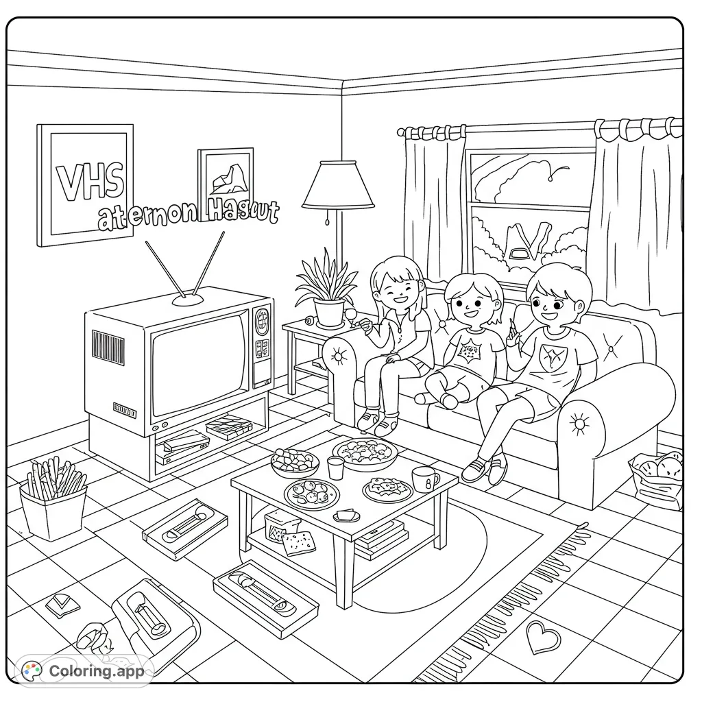 A cozy retro movie night coloring page featuring three friends enjoying snacks and a classic TV in a detailed living room setting.