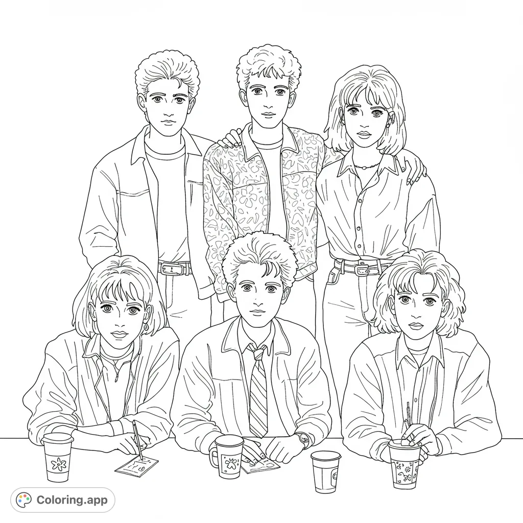 A vibrant friends group coloring page featuring six young adults in a casual gathering, perfect for creative expression and detailed coloring fun.