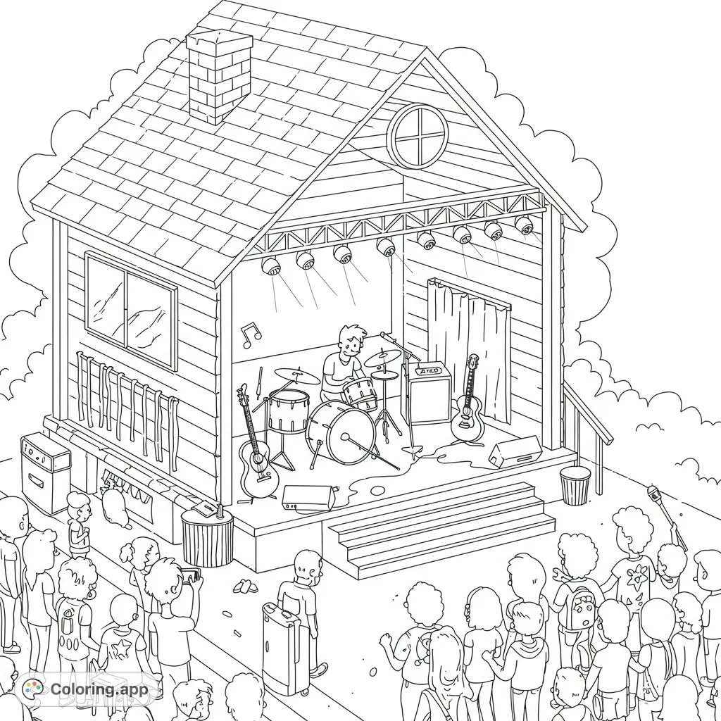 Experience a lively outdoor music concert coloring page featuring a band on a house-stage and an enthusiastic crowd. Free printable fun!