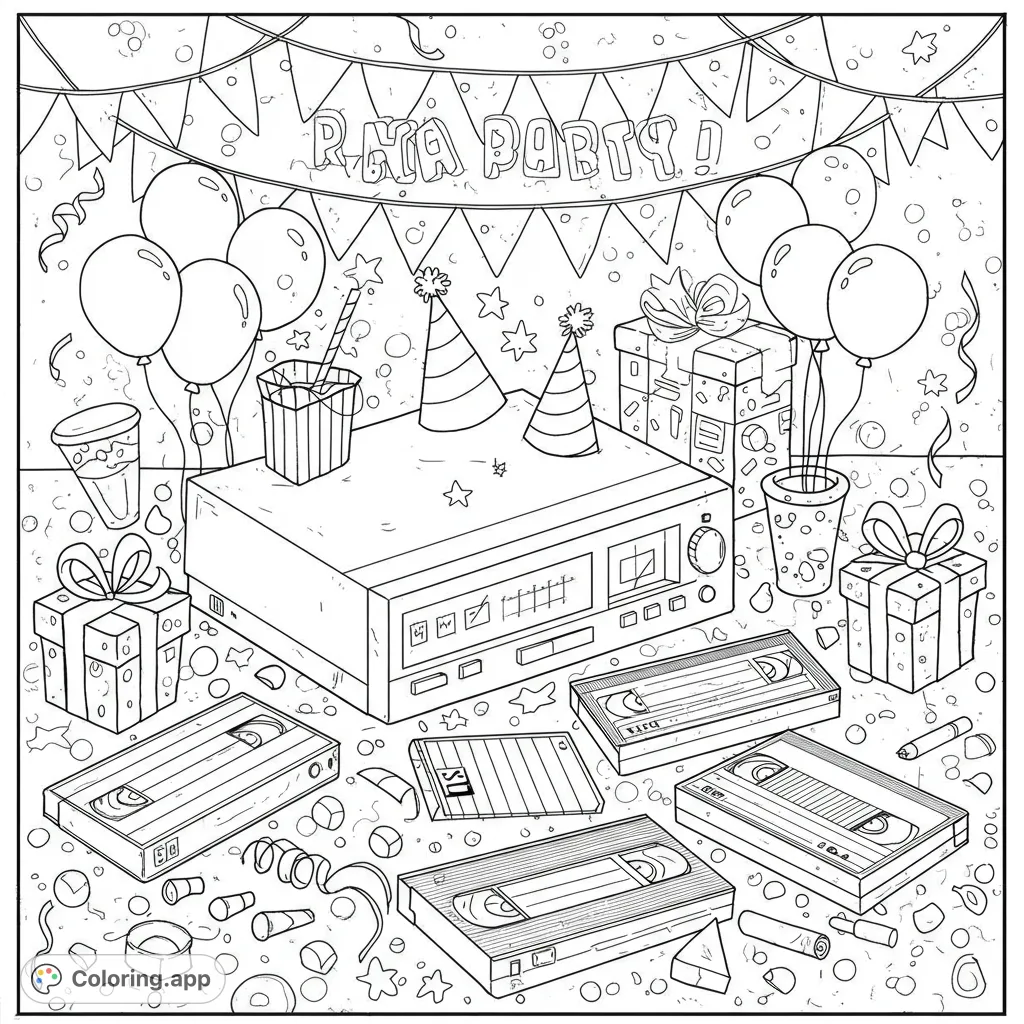 A fun retro party scene featuring a vintage VCR, classic VHS tapes, festive balloons, and scattered confetti, perfect for a nostalgic coloring experience.