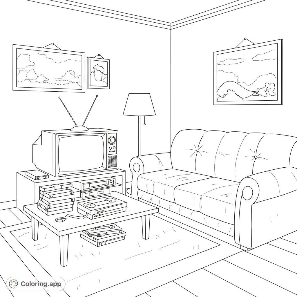 Step back in time to a cozy retro hangout with a classic TV, VCR, and stacks of VHS tapes, perfect for nostalgic coloring fun.