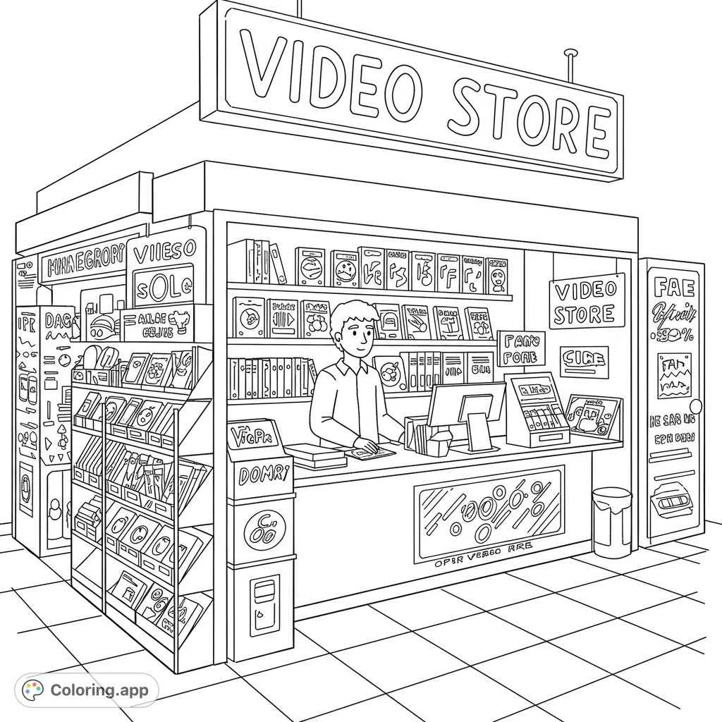 Step into a nostalgic retro video store, featuring a friendly clerk and shelves packed with classic movies. A free printable for all ages.