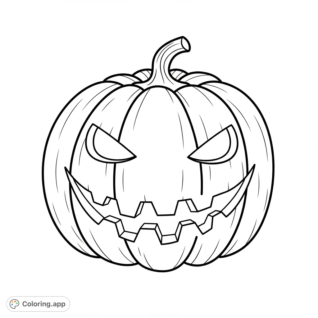 A classic spooky Jack-o'-lantern Halloween pumpkin with sharp eyes and a jagged grin. Perfect for a free printable Halloween coloring page.