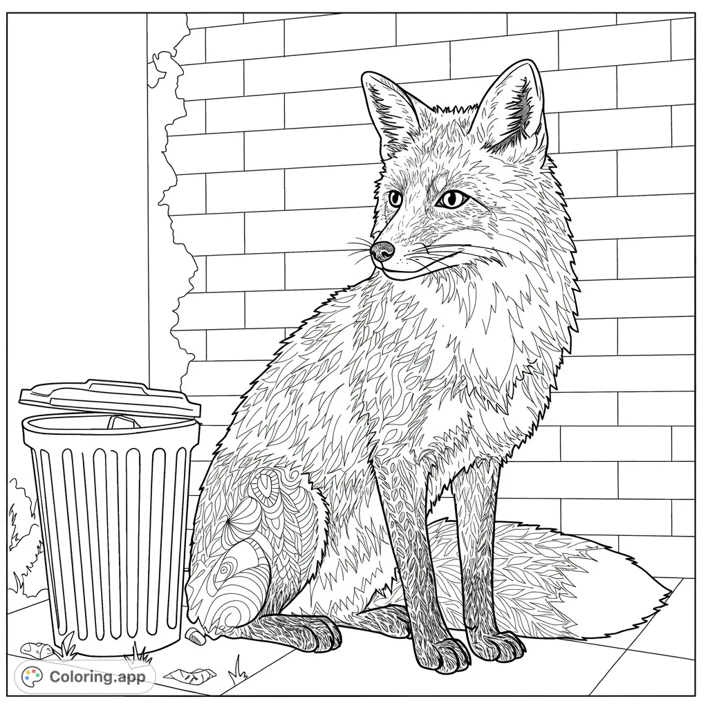A detailed fox sits by a trash can against a brick wall, featuring intricate fur patterns and an urban backdrop. Perfect for animal lovers.