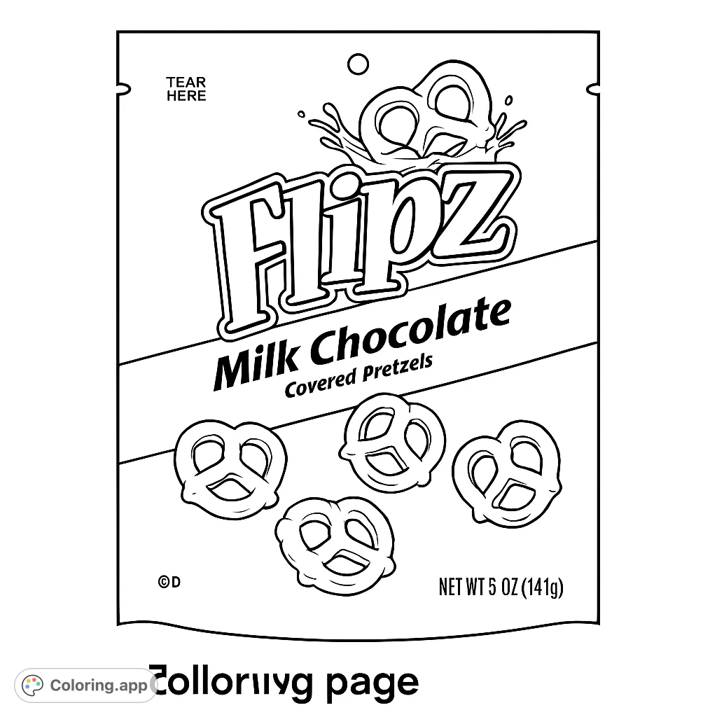 A fun, free printable snack bag coloring page featuring delicious chocolate-covered pretzels, perfect for kids and adults to enjoy!