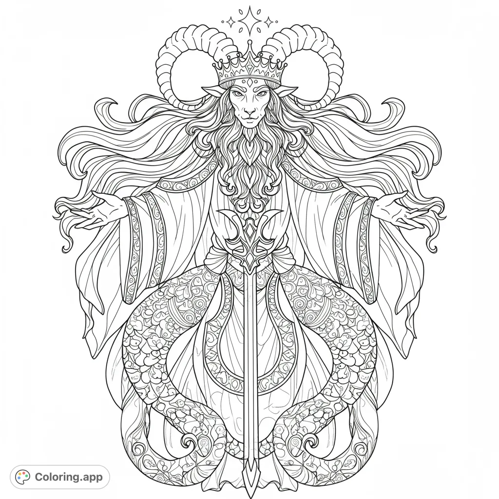 A majestic horned sea deity with flowing hair, regal robes, and a fish-like tail, holding a sword. Intricate details for a captivating coloring experience.