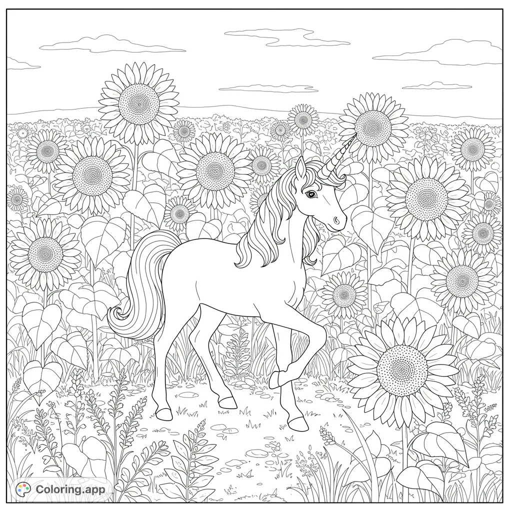 A whimsical unicorn prances through a vibrant sunflower field, inviting creativity. Perfect for a magical coloring adventure.