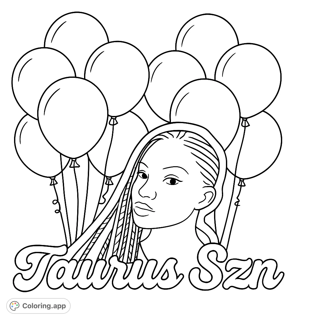 A stylish woman's portrait surrounded by a festive cluster of balloons, perfect for a celebration coloring page. Free printable for all ages.
