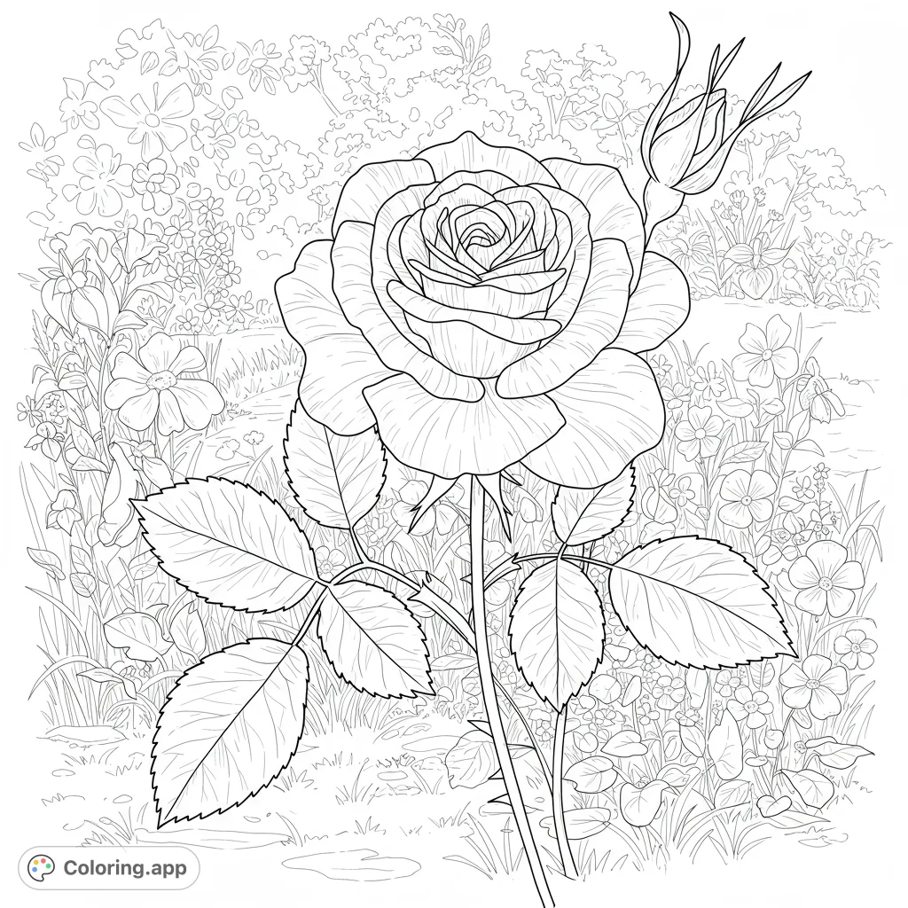 A beautiful rose in full bloom with a bud, surrounded by a detailed garden. Perfect for a relaxing floral coloring page experience.