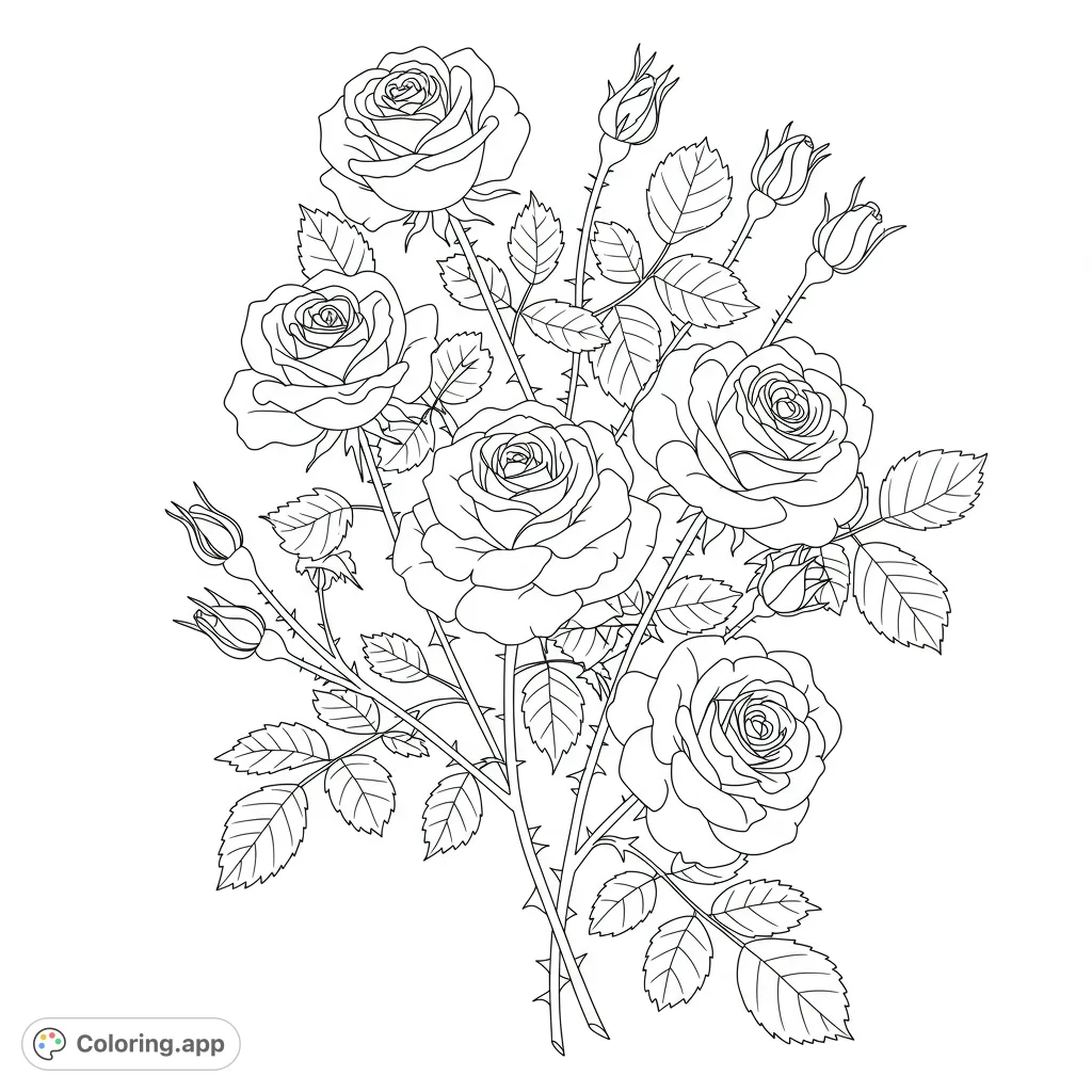 A beautiful rose bouquet coloring page featuring detailed blooming roses, delicate buds, and thorny stems. Perfect for nature lovers and floral enthusiasts.