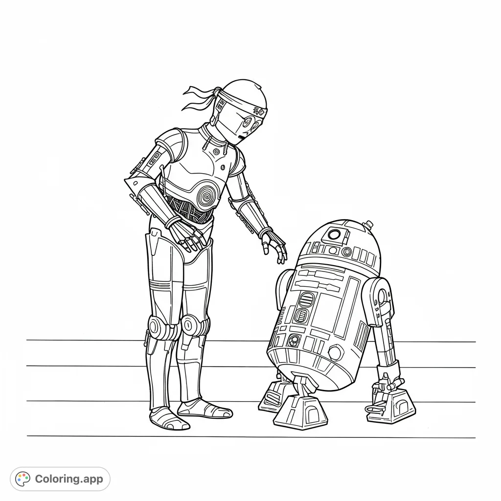 Explore a futuristic droid coloring page featuring two beloved robotic companions on a simple platform, perfect for sci-fi fans and all ages.