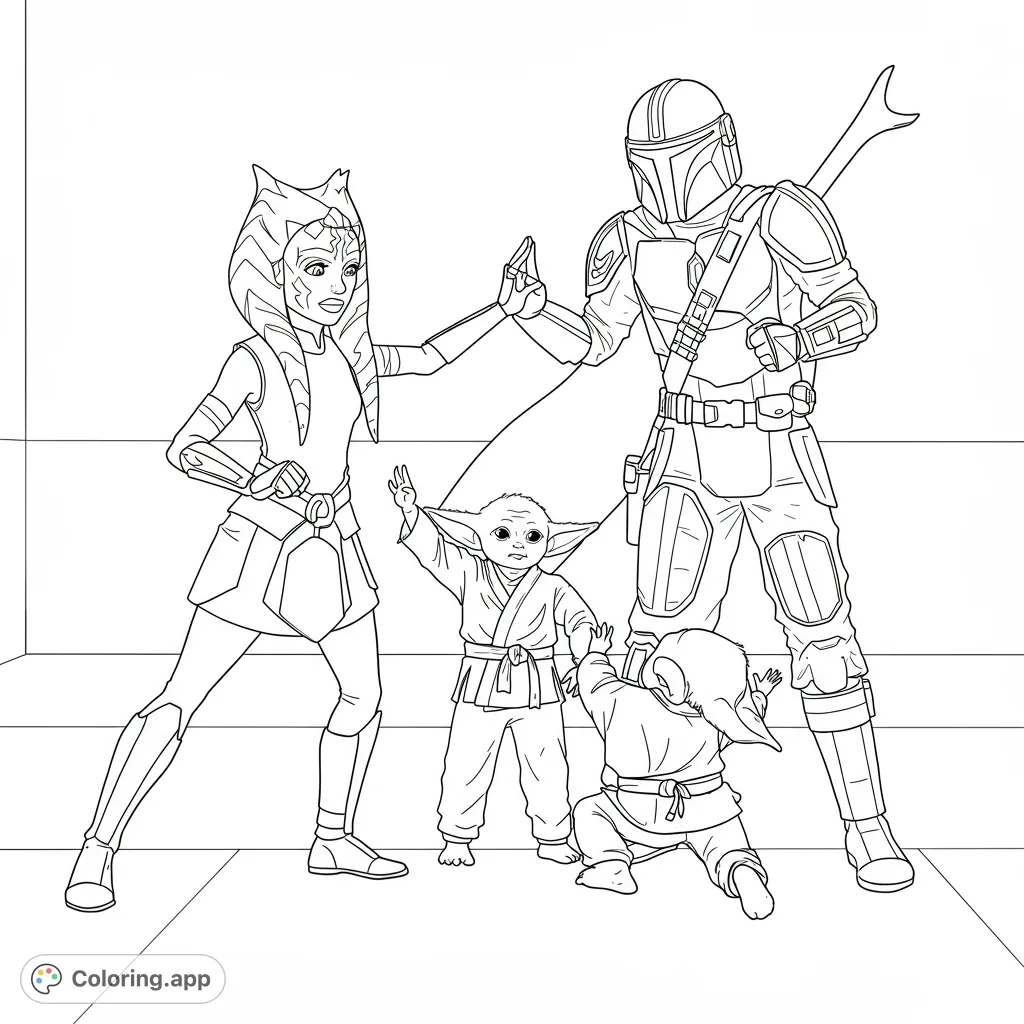 An epic Star Wars coloring page featuring Ahsoka, Mandalorian, and Grogu. A free printable coloring page for fans of all ages, perfect for sci-fi adventure!