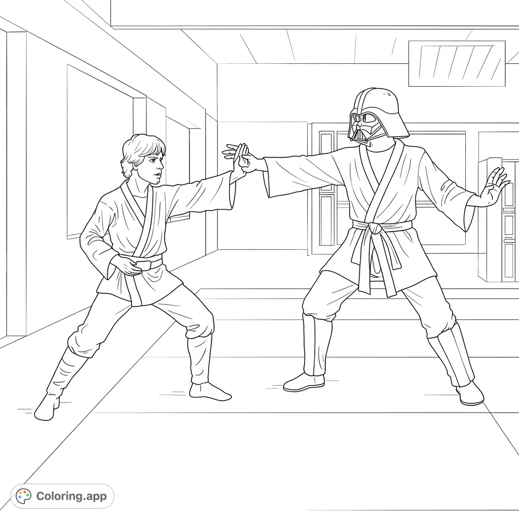 Dynamic martial arts training scene featuring two robed figures in a classic stance. A thrilling sci-fi adventure for all ages to color!