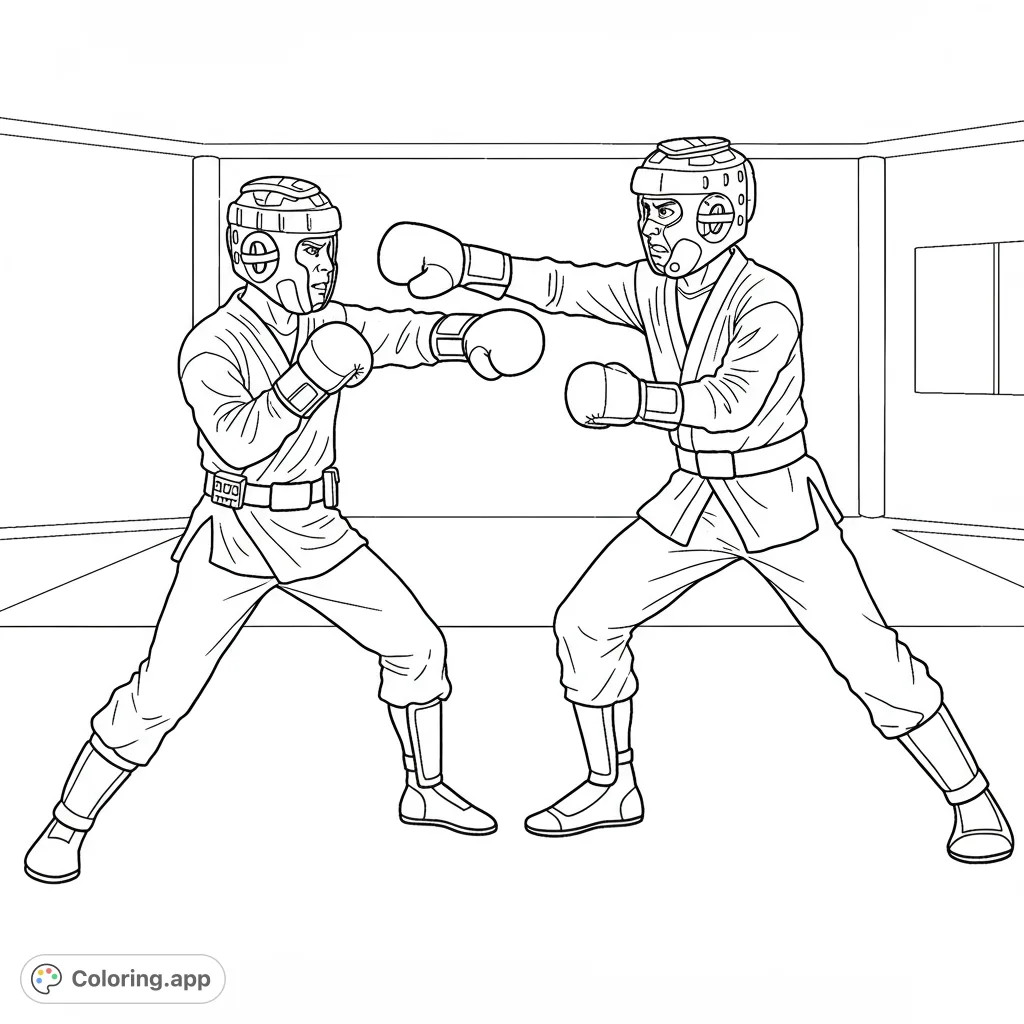 Dynamic martial arts sparring scene with two fighters in protective gear. A free printable combat training coloring page for sports fans.