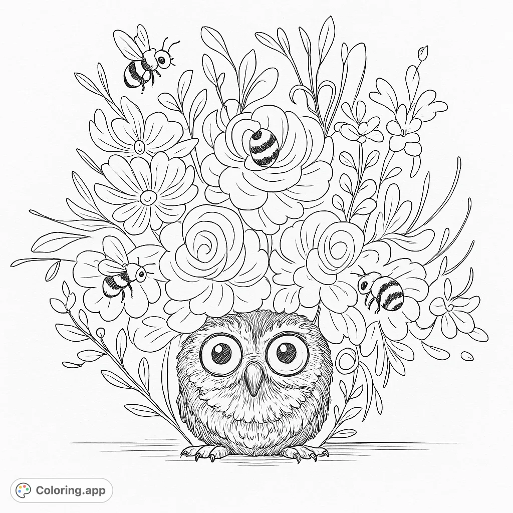 An adorable owl with big eyes peeks from a lush bouquet of flowers and leaves, with busy bees buzzing around. A charming nature-themed coloring page.